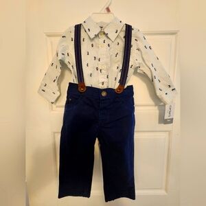 Carter's Baby Boy 9 Month Old Blue Suspender pants with penguin button down